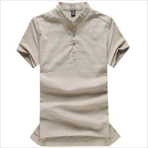 Linen Cotton T-shirts Mens Summer Short Sleeve Shirts Stand Collar T Shirts Fashion Big Size