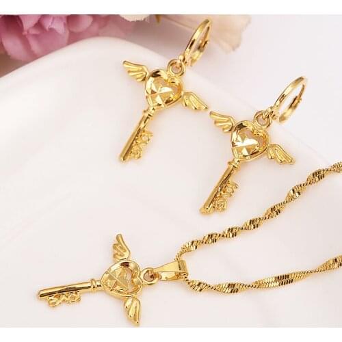 Fashion Necklace Earring Set Women Party Gift Solid Fine 14 k Solid Gold Finish key pattern wing Necklace Earrings Jewelry Sets