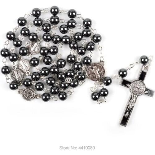 Natural Hematite Necklace Rosary Black Round Bead St Benedict First Communion Jerusalem Hematite Rosary