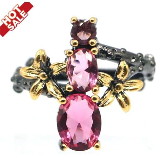 21x19mm Unique Neo-Gothic Vintage Created Pink Tourmaline Cool Black Gold Metal Silver Rings