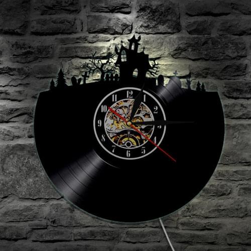 Vintage Halloween Town Trick or Treat Atmosphere Vinyl Record Wall Art Clock Cemetery Forest Home Cosplay Party Decor Wall Light