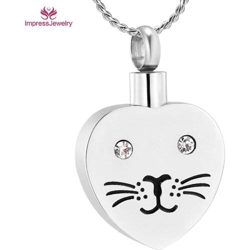 W019 Lovely Cat Face with Crystal Eye Cremation Pendant Necklace for Pet Ashes Memorial Urn Keepsake Jewelry