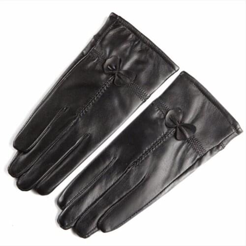 Women Real Sheepskin Leather Gloves Elegant Bow Thick Warm Black Winter Gloves Motorcycle