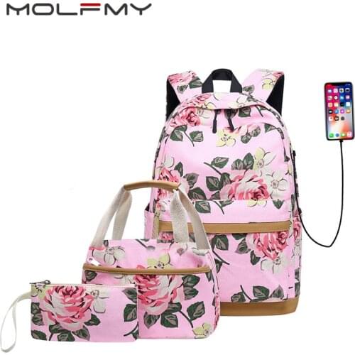 Ladies Canvas Backpack Floral Print 3pcs Set Outdoor Female Middle School Student Bag USB Computer Bag Meal Bag Pencil Bag 2021