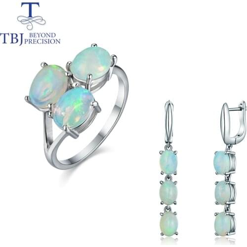 TBJ,2020 Good quality Opal jewelry set oval 6*8mm natural ethiopian opal gemstone clasp earring and ring 925 sterling silver