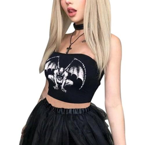 Women Sexy Strapless Tube Top Gothic Punk Demon Devil Print Bandeau Harajuku Wrapped Chest Slim Vest Shirt Clubwear