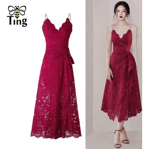 Tingfly Vintage Elegant Lace Midi Dress Women Summer V neck Asymmetrical Hem Lace Long Dress Casual Vestidos Outdoor Party Dress