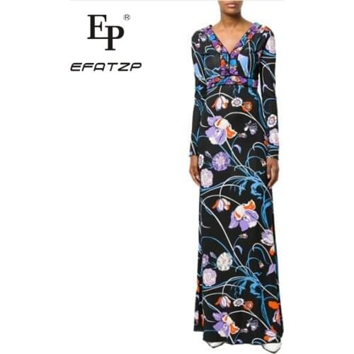 New 2018 spring Luxury Designer Dress Womens Long sleeve Geometry Print XXL Stretch Jersey Silk Spandex Maxi Dress