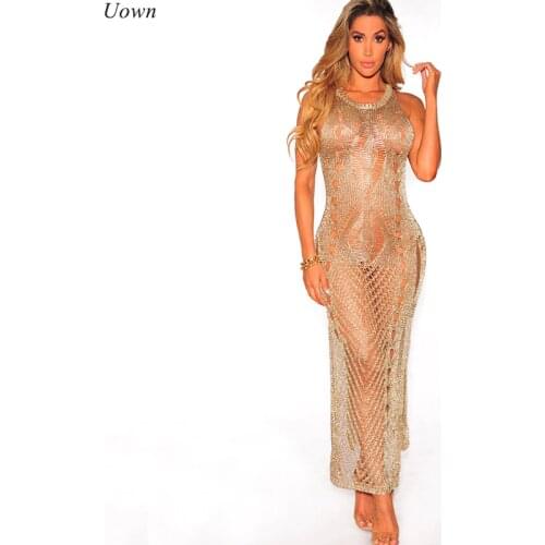 Sexy Crochet Gold Hollow Out Bodycon Sweater Dress Women Casual Pullover O-neck Sleeveless Long Maxi Beachwear Gowns Tunic
