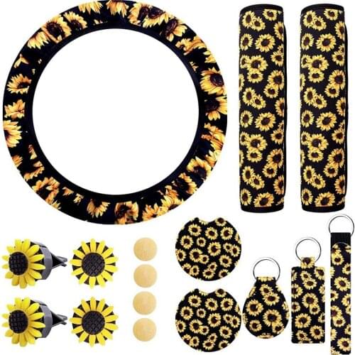 16 Pcs Sunflower Car Accessories for Women Steering Wheel Cover Seat Belt Coaster Keyrings Lanyard for Car Interior