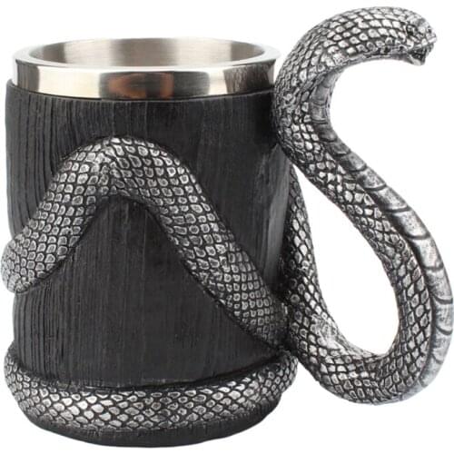 2021 New Creative 600ml Stainless Steel Beer Mug 3D Resin Cobra Snake Handle Double Layer Drinking Cup Coffee Milk Tea