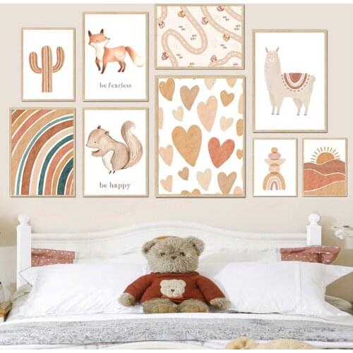 Alpaca Bear Sun Heart Boho Cartoon Nursery Wall Art Canvas Painting Posters And Prints Wall Pictures For Baby Kids Bedroom Room