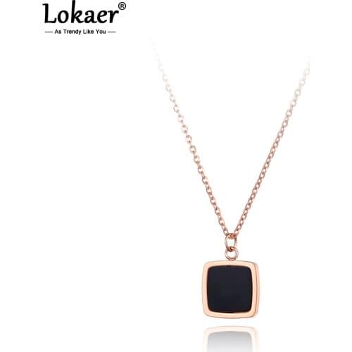 Lokaer Titanium Stainless Steel Geometric Square Charm Choker Necklaces Black Acrylic Pendant Chain Jewelry For Women N21028
