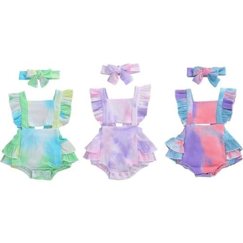 0-24M Newborn Baby Girls Tie-dye Gradient Color Lotus Leaf Romper Sleeveless Summer Clothing
