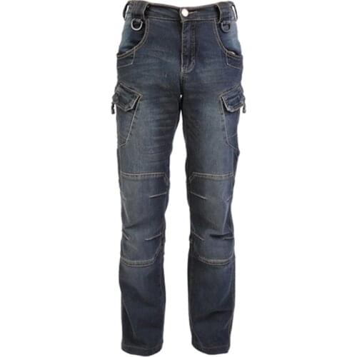 Mcikkny High Quality Men Cargo Tactical Jeans Pants Motorcycle Elastics Waist Denim Trousers For Male Multi Pockets