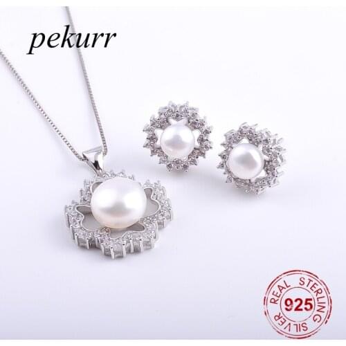 Pekurr 925 Sterling Silver Heart 4 Leaf Clover Freshwater Natural Pearl Earrings Necklace Sets For Women Zirocn Pendant Jewelry