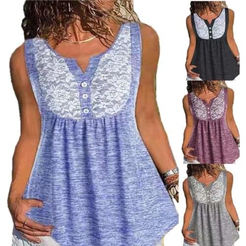 Summer Women Tank Tops V-neck Lace Pleated Button Loose Large Size Sleeveless Vest T-shirt