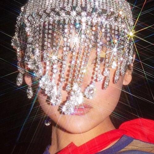 Fashionable women shining crystal tassel head with wedding zircon jewelry hat head with chain luxury Rhinestone chain hat access