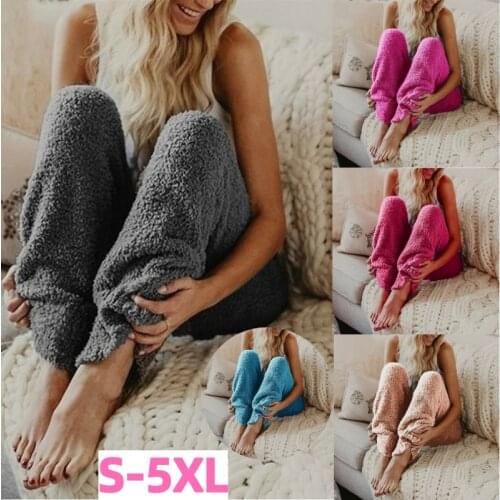 Fashion Women Winter Pajama Pants Keep Warm Plush Pants Female Furry Cute Sleep Pants Casual Loose Solid Color Long Pants Plus