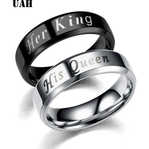 UAH 2019 New Fashion DIY Couple Jewelry Her King and His Queen Stainless Steel Wedding Rings for Women Men