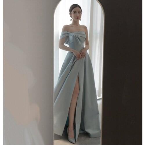 Charming Boat Neck With Bow Evening Gowns For Women Sexy Side Split Strapless Blue Long Formal Party Dress