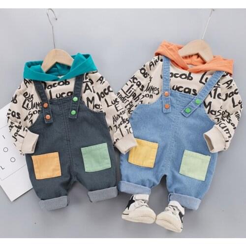 Baby boy clothes autumn overalls set boy cartoon letters cotton hooded sweater boy denim overalls baby two-piece suit boy suit