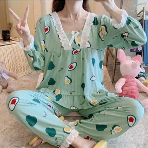 Cute cartoon sleepwear set long sleeve trousers pajamas for women casual plaid pijama suit sweet autumn winter pyjamas womens