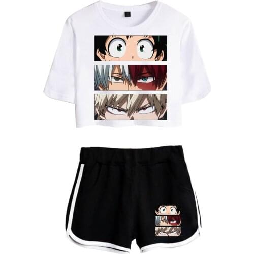 Hot Cute Print My hero academia Exposed Navel White T-shirt+Black Shorts Womens two-piece Sets Casual Girls Summer Suits