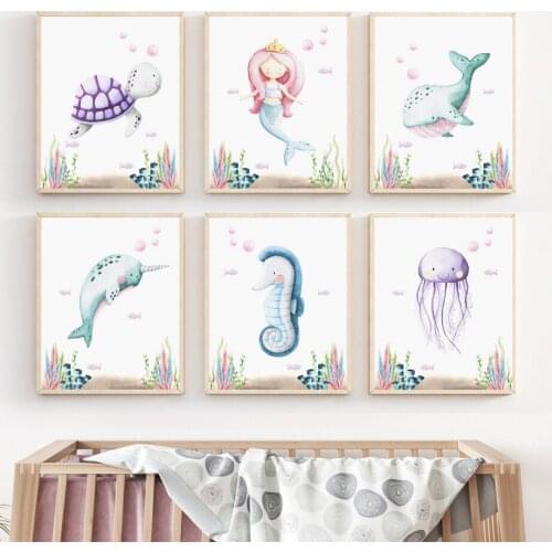 Mermaid Tortoise whale Hippocampus Mica Swordfis Baby Posters And Prints Wall Art Canvas Painting Wall Pictures Kids Room Decor