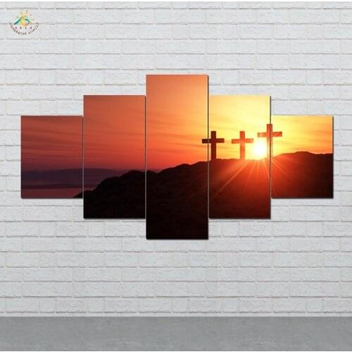Three crossing Jesus Wall Art HD Prints Canvas Art Painting Modular Picture And Vintag Poster Canvas Painting 5 Pieces