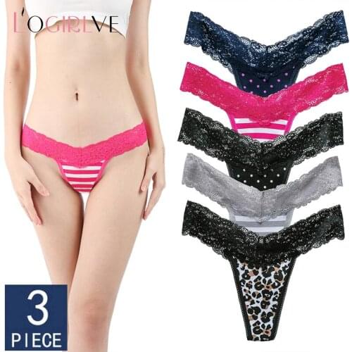 Logirlve 3PCS Best Quality Womens Lace Thong Floral Bow Large Size Panties Comfortable Underwear Female Flower 5 Colors
