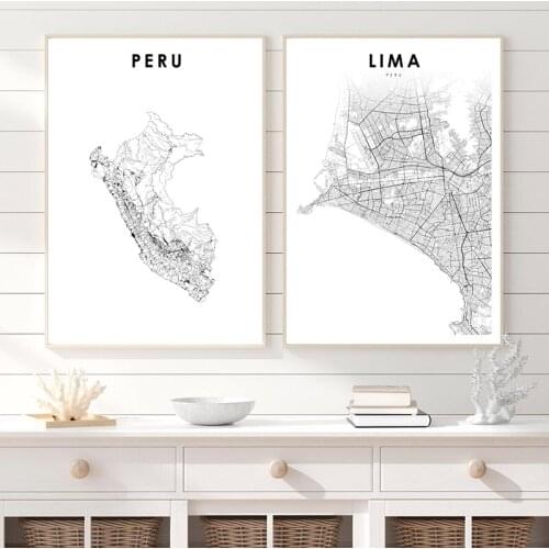 Lima Peru City Street Road Map Poster Black and White Modern Minimalist Wall Art Prints Housewarming Gift Canvas Painting Decor