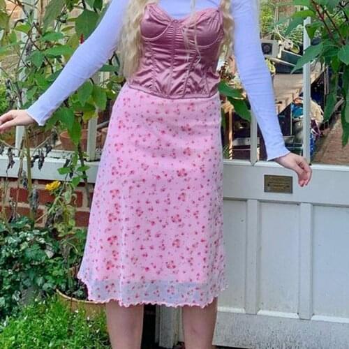 Y2k Kawaii Fairycore Women Clothing 2021 Summer Cute Pink Skirts 2000s Aesthetic Double Layer Floral Printed Mesh Midi Skirts