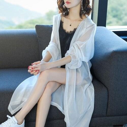 2021 Summer Beach Style Sun Protect Long Shirts Women Loose Chiffon Cardigan Solid White Hooded Air-conditioned Blouse X119