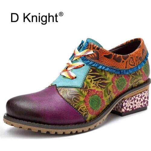 Genuine Leather Women Oxford Block Heel Spring Shoes for Woman Summer Flat Brogues Vintage Laces Loafers Casual Sneakers Shoes