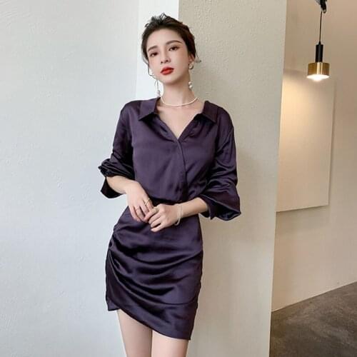 Shirt Dress Summer 2021 Womens Clothing Korean Fashion Office Lady V-Neck Vintage Wrap Hip Satin Dresses For Women Purple