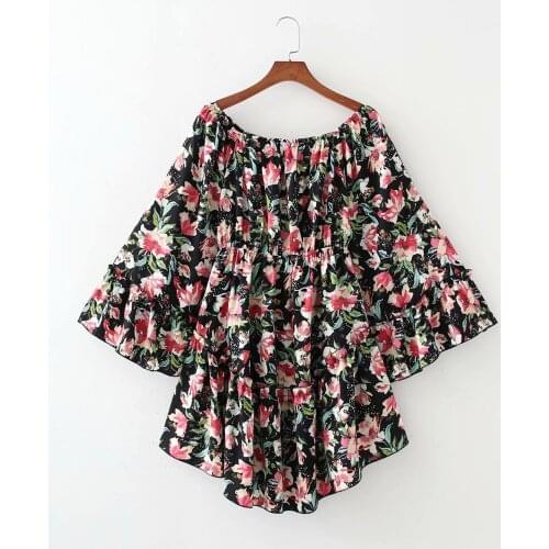 New Women Vintage Floral Printed Dress Off Shoulder Flare Sleeves Elastic Waist Casual Sexy Short Dresses Woman Robe