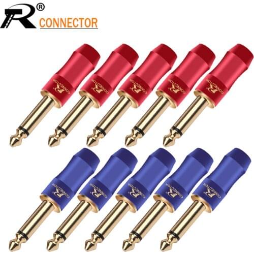 10pcs New arrival Copper Jack 6.35mm Gold-plated Audio Plug Connector 6.35mm MONO Plug Assembly Microphone Connector Blue&Red