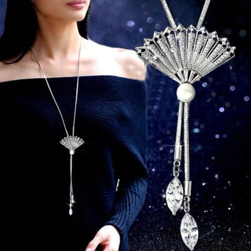 Zircon Fan Long Necklace Sweater Chain Fashion Metal Chain Crystal Flower Pendant Necklaces Adjusted Gothic Women Jewelry
