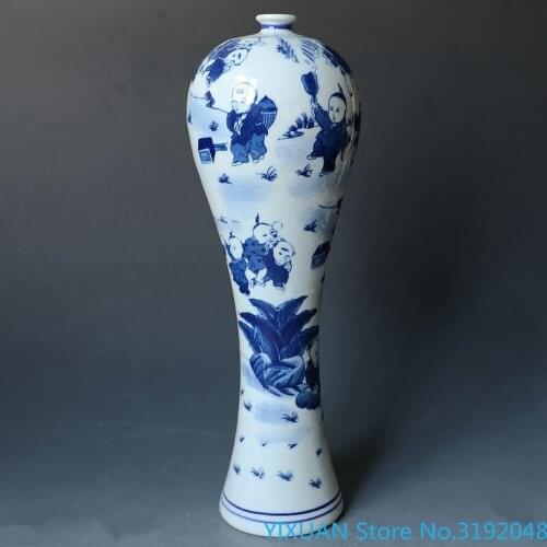 Colección de porcelana Jingdezhen porcelana azul y blanco jarrón antiguo plum florero cientos de niños cien fortunas flor