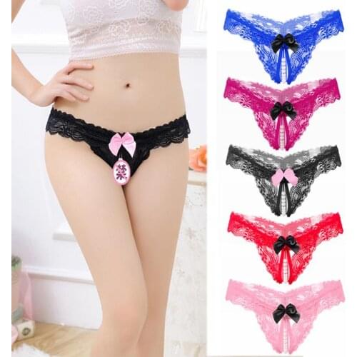 Hot Sexy Lace Crotchless PEARL Panties Women Briefs Open Crotch Low Waist Female Underwear Transparent Sexy Panty Underwear
