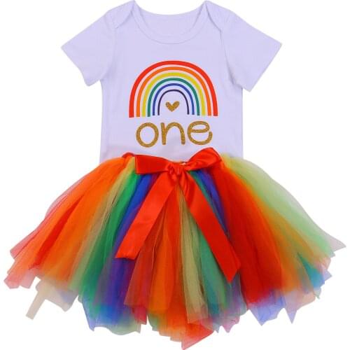 2021 0-24M Baby Girls Clothes Set Rainbow Print White Short Sleeve Romper+Bow Multicolor Bubble Tulle Skirt Summer Princess 2pcs