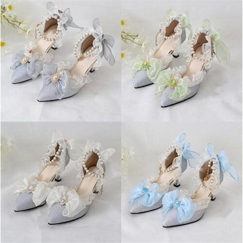 7cm Heel Lolita Ruffles Bowknot Lace Bridal Wedding Shoes Women High Heel Bordered Princess Dress B1907