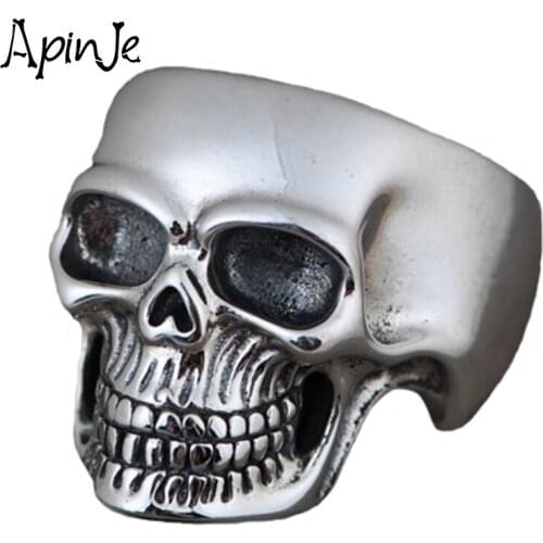 Apinje S925 Sterling Silver Skull Ring for Men Hip Hop Rock Ring Skeleton Biker Men Jewelry
