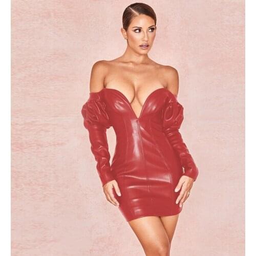 New Fashion PU Leathers Dress Sexy Off Shoulder Leather Women Party Outfit Dress Celebrity Cocktail Ladies Vestido Wholesale