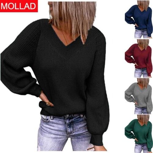 2021 Autumn and Winter New Large Size Loose Sweater V-neck Solid Color Pullover European and American Sweater for Women