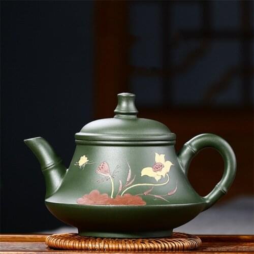 Creative Purple Clay Yixing Teapot Handmade Authentic Mud Green Clay Hand-painted Lotus Tea Pot Portable Office Kettle Tea Set