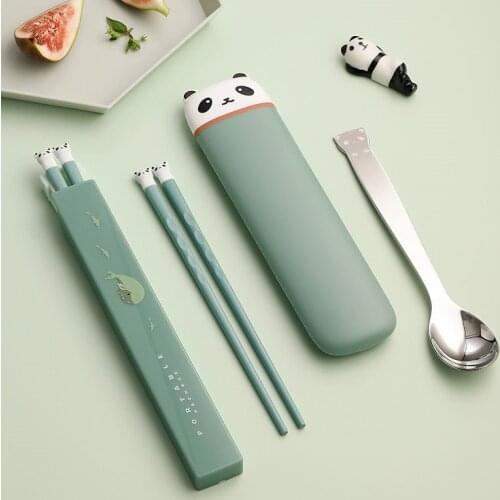 Kawaii Panda Portable Cutlery Set Chopsticks Spoon Silicone Stainless Steel Tableware For Camping Travel Utensils For Kitchen