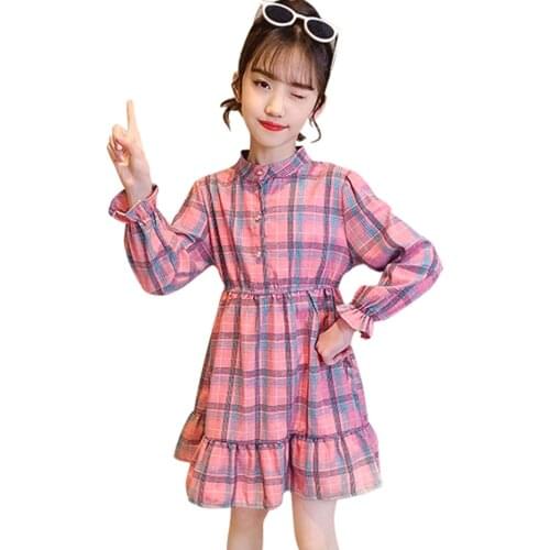 Girls Dress Plaid Pattern Girls Dresses Casual Style Dress Kids Spring Autumn Girl Costume 6 8 10 12 14