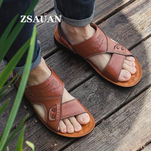 ZSAUAN Genuine Leather Men Summer Sandals Casual Beach Slippers Outdoor Massage Function Daily Male Footwear Orange Brown Color